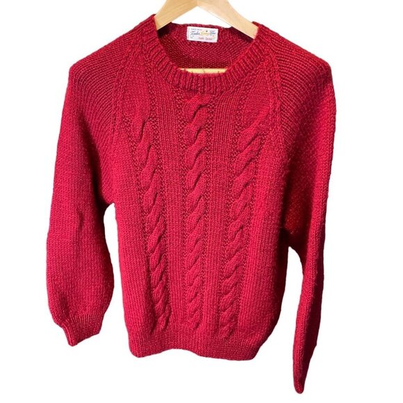 Vintage 70s 80s Handknit Cable Knit Red Sweater - Picture 1 of 8